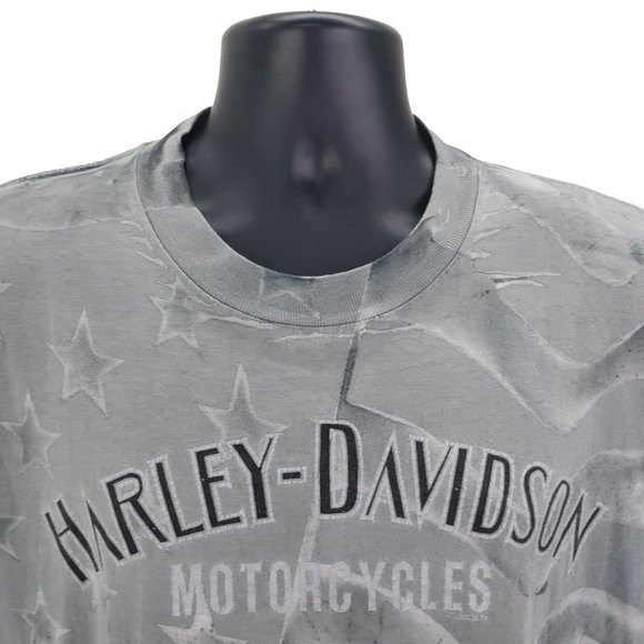 Harley Davidson T-Shirt Men's Large Vintage 90s USA Flag AOP Gray Single Stitch - Picture 5 of 12